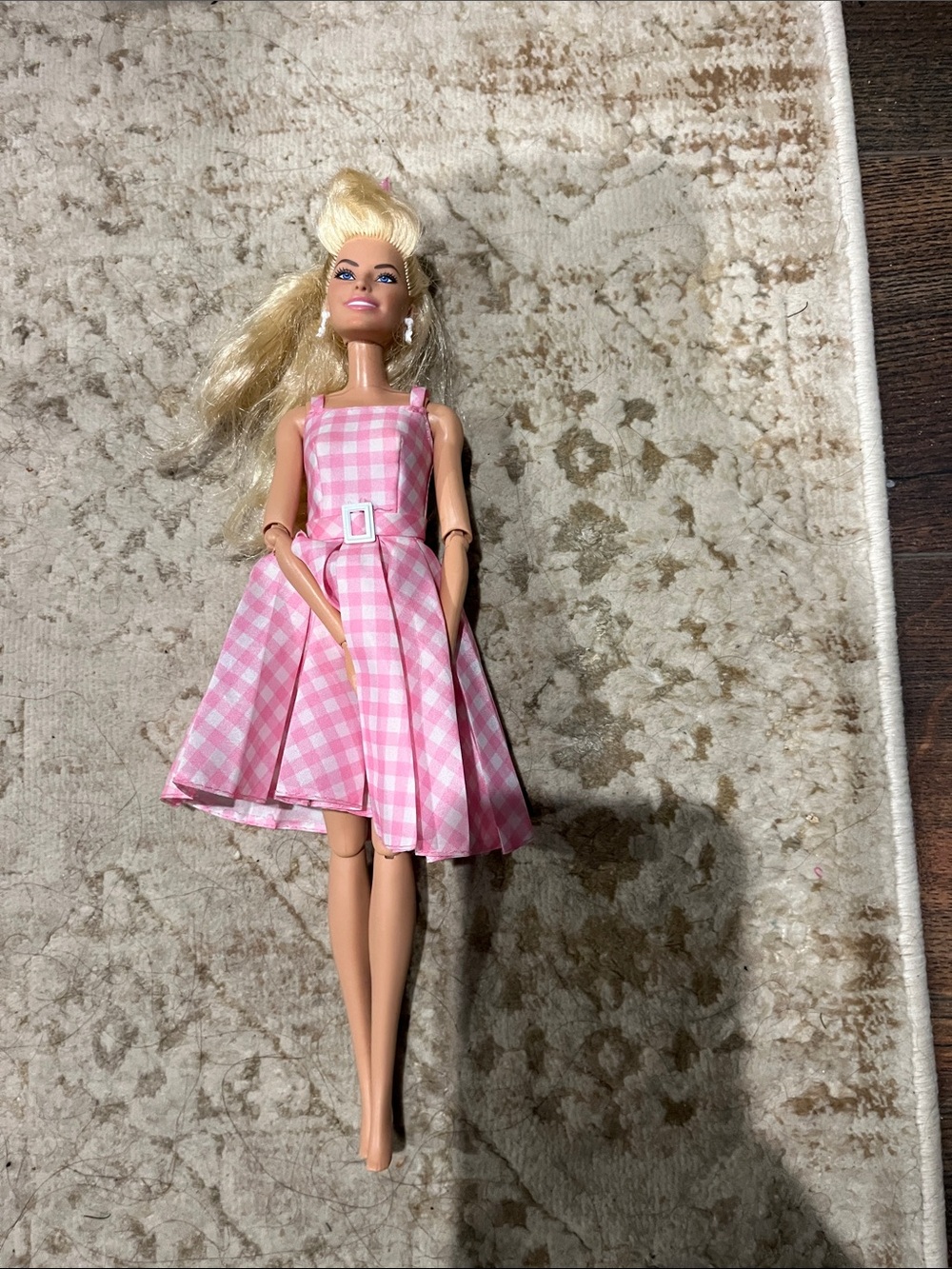 Pink Gingham Doll Dress on Blonde Fashion Doll - Barbie Movie